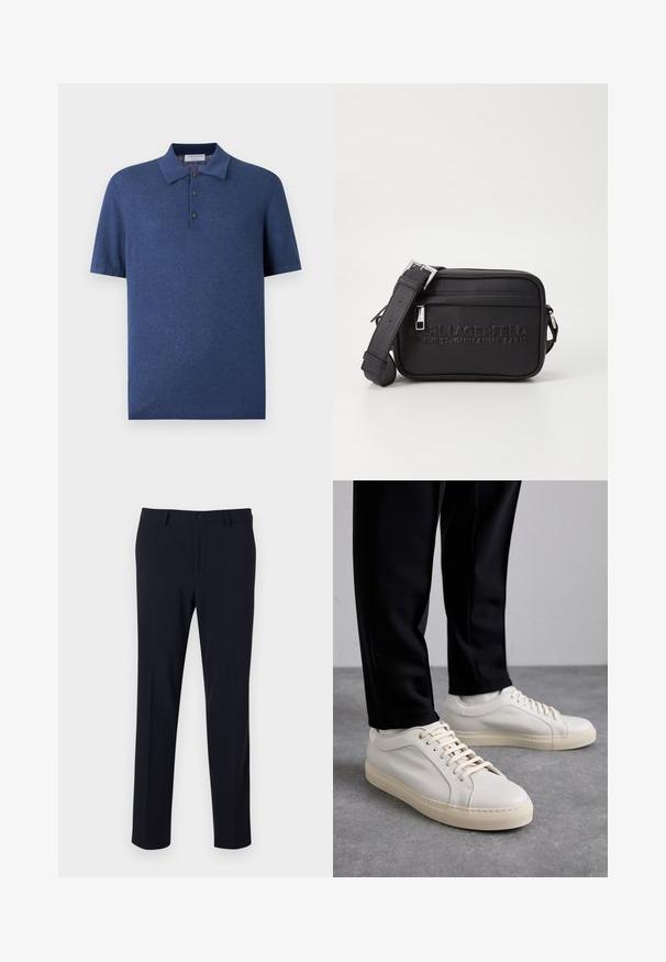 Polo azul de hombre de manga corta con cuello y tres botones negros en la tapeta frontal, tejido de punto liso, mostrado sobre fondo blanco.; Pantalones de color azul marino con una textura suave, diseño de pierna recta, cierre de botón y bolsillos frontales; diseñados para un ajuste a medida.; Zapatillas de cuero color beige claro con cordones planos, una superficie texturizada y una suela de goma color crema en contraste, combinadas con pantalones negros ajustados.; Bolso bandolera de cuero negro con logo en relieve, cierre con cremallera, correa ajustable y superficie texturizada. Forma rectangular compacta.