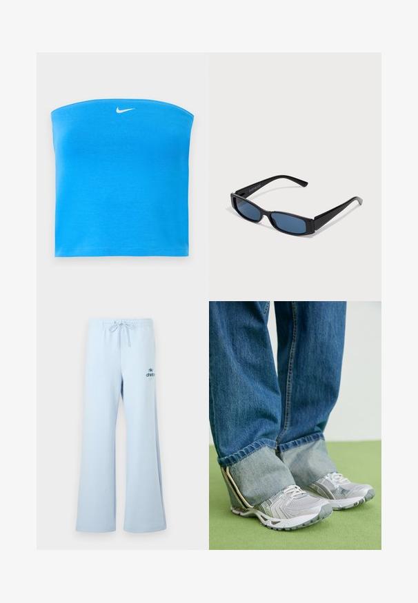 Felblauwe Nike strapless tube top met wit Swoosh-logo centraal geplaatst dicht bij de bovenkant.; Lichtblauwe joggingbroek met een losse pasvorm, trekkoord in de taille en het "nike athletics" logo in donkerblauw op het voorste been. Zacht stoftextuur.; Grijze sportieve schoenen van mesh materiaal met witte accenten, in combinatie met blauwe denim jeans die aan de enkels zijn omgeslagen.; Zwarte zonnebril met een slank rechthoekig frame en blauwe lenzen. Heeft een gladde textuur en stevige pootjes. Merklogo aan de zijkant.