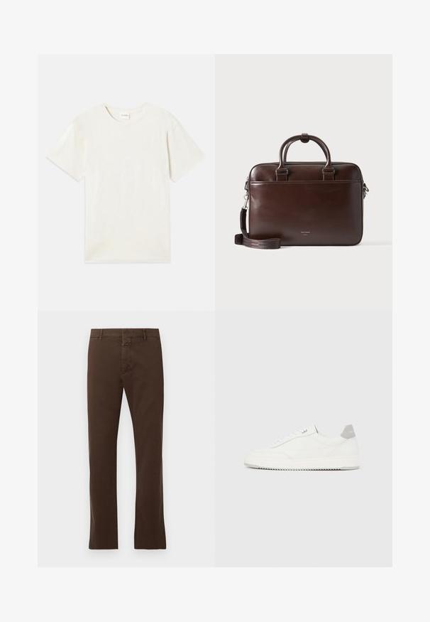 T-shirt à manches courtes, col rond en beige clair, texture en coton doux avec une coupe décontractée et sans motifs ni accents visibles.; CLOSED CLIFTON TRUE - Chino - espresso brown; Baskets basses blanches avec un onglet de talon gris, des lacets blancs et une semelle texturée, présentées sur un fond uni clair.; Mallette en cuir marron foncé avec double poignées et bandoulière amovible, forme rectangulaire, texture lisse et poche avant.