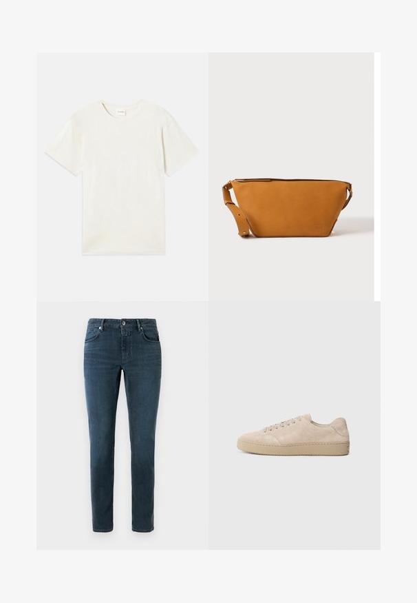 T-shirt à manches courtes, col rond en beige clair, texture en coton doux avec une coupe décontractée et sans motifs ni accents visibles.; Jeans bleu foncé à coupe slim, design à cinq poches et fermeture à bouton. Fabriqués en denim avec une texture lisse et un léger délavage.; Baskets en daim beige avec un bout rond, des lacets plats et une semelle en caoutchouc texturé. Design minimaliste avec des bords lisses et des coutures discrètes.; Sac bandoulière en cuir marron clair avec sangle réglable et fermeture éclair, présenté sur un fond clair uni.