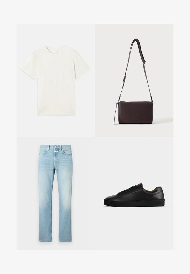 T-shirt à manches courtes, col rond en beige clair, texture en coton doux avec une coupe décontractée et sans motifs ni accents visibles.; Jean en denim bleu clair avec une coupe droite, doté d'un design classique à cinq poches et d'une fermeture à bouton.; Basket basse en cuir noir avec lacets noirs, semelle en caoutchouc texturée et petit logo embossé sur le côté, présenté de profil sur fond gris.; Sac bandoulière en cuir marron foncé texturé avec une sangle réglable et un petit accent décoratif bleu sur le côté.