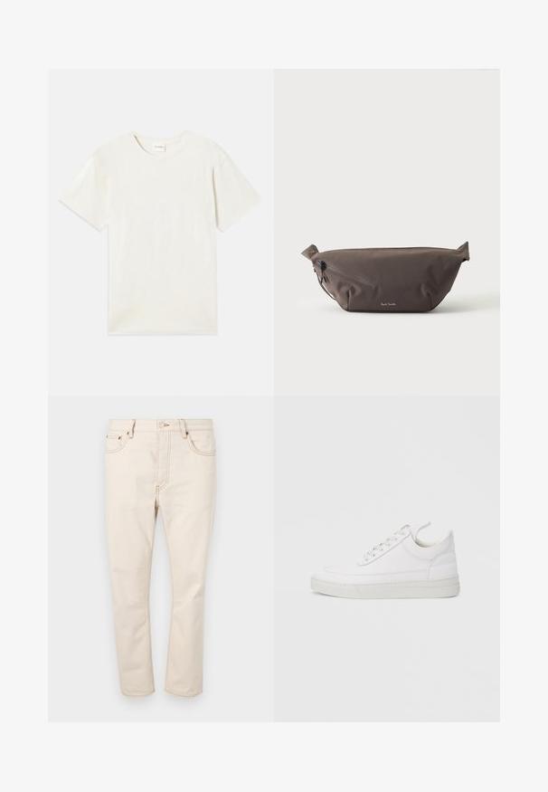 Korte ærmer, crew neck t-shirt i lys beige, blødt bomuldsstof med en afslappet pasform og uden synlige mønstre eller accenter.; Beige denim jeans med lige ben, der har fem lommer, kontrastsyninger og lukning med knap i taljen.; Hvid lædersneaker med rundet tå, flad sål og snørebånd foran. Har syningsdetaljer og polstret krave for komfort.; Mørkebrun stof talje taske med diagonalt lynlåslomme og lille hvidt logo på fronten, sat mod en ensfarvet lys baggrund.