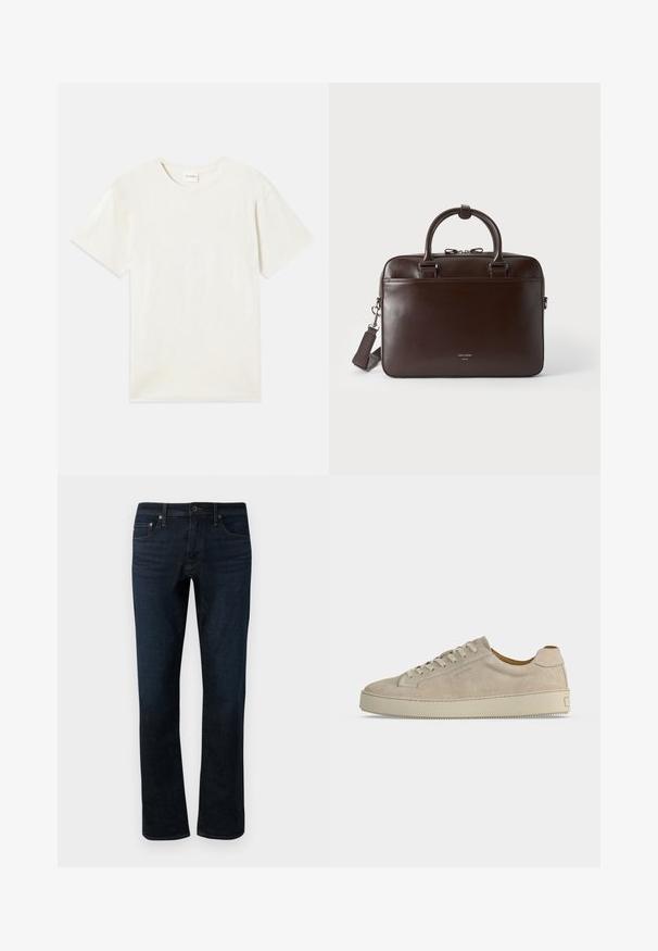 Korte mouwen, ronde hals t-shirt in licht beige, zachte katoenen textuur met een relaxte pasvorm en zonder zichtbare patronen of accenten.; Donkerblauwe denimjeans met een rechte pijp, voorzien van een klassieke vijfzakkenontwerp en subtiele stiksels.; Beige suède lage sneaker met vetersluiting en dikke rubberen zool, gezien vanaf de zijkant op een effen witte achtergrond.; Donkerbruine leren aktetas met twee handvatten, een afneembare schouderriem en een klein voorlogo op een effen achtergrond.