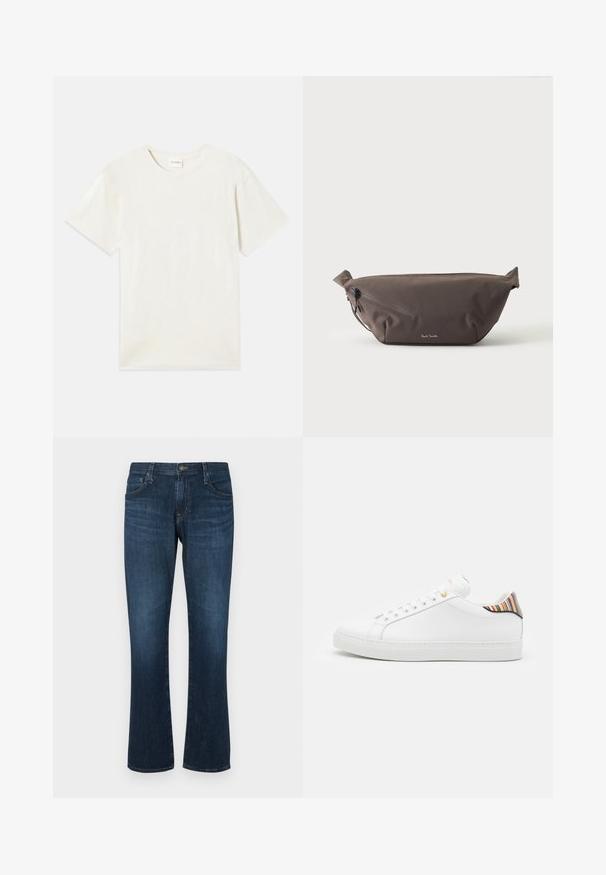 Korte ærmer, crew neck t-shirt i lys beige, blødt bomuldsstof med en afslappet pasform og uden synlige mønstre eller accenter.; Mørkeblå denimjeans med lige ben-design, fem lommer og metalknap-lukning. Glat tekstur med subtil falming.; Hvide lædersneakers med en glat overflade, prydet med en farverig stribet detalje på hælen, guldøje og flad hvid sål.; Mørkebrun stof talje taske med diagonalt lynlåslomme og lille hvidt logo på fronten, sat mod en ensfarvet lys baggrund.