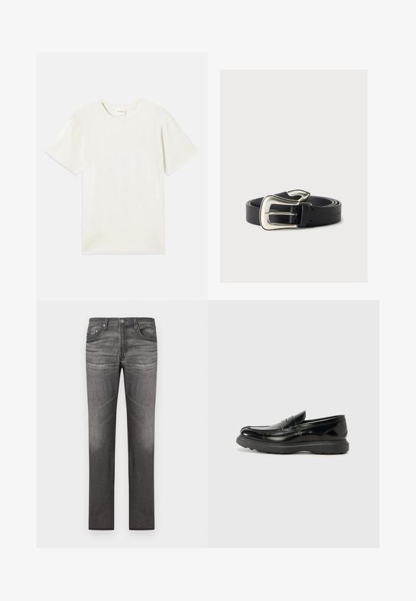 T-shirt à manches courtes, col rond en beige clair, texture en coton doux avec une coupe décontractée et sans motifs ni accents visibles.; Jean en denim gris foncé avec une coupe droite, cinq poches, délavage subtil et détails de couture le long des coutures.; Mocassin en cuir noir avec une finition brillante, bout arrondi, détails de couture subtils et semelle en caoutchouc épaisse pour la durabilité.; Ceinture en cuir noir avec une grande boucle argentée de style western, enroulée sur un fond neutre.