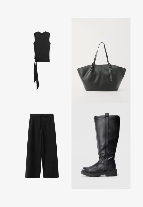 Mango Top - black; Zwarte wijde broek met elastische tailleband en trekkoord, gemaakt van zachte stof, plat weergegeven op een witte achtergrond.; Zwarte kniehoge laarzen van glad leer met een ronde neus, platte zool en een verticale naaddetail langs de zijkant.; Vero Moda VMDITTA - Shopper - black