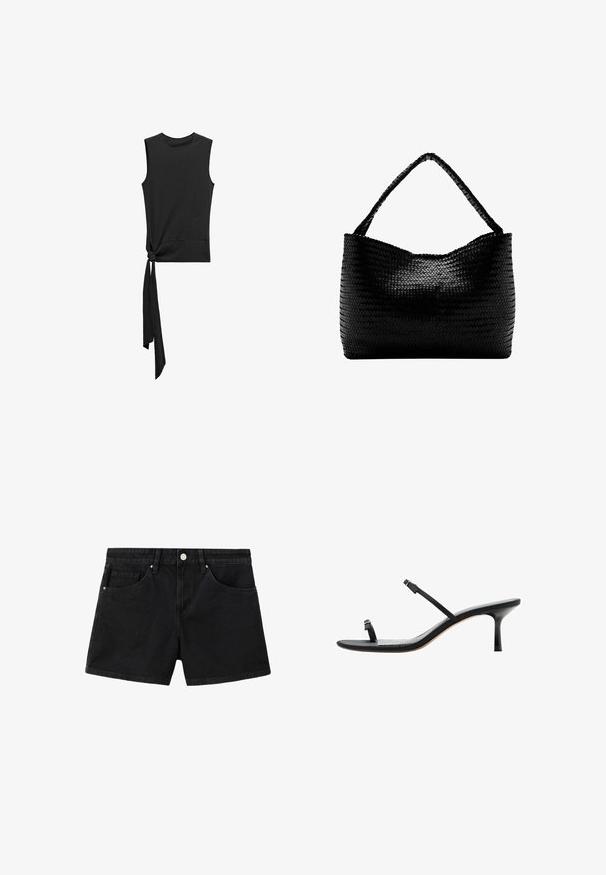 Mango Débardeur - black; Short en denim noir avec bouton devant, passants de ceinture et deux poches avant sur fond blanc.; Sandale noire à talon bas avec de fines lanières sur les orteils et le milieu du pied, dotée d’un petit talon fin et d’un dos ouvert.; Sac à main tissé noir avec une anse unique tressée, forme rectangulaire et surface texturée brillante.