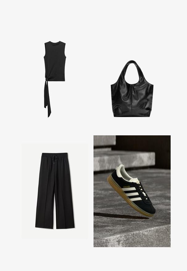 Mango Top - black; Zwarte wijde broek van zachte stof. Voorzien van een elastische tailleband met een trekkoord en twee zijzakken. Platte voorkant met plooien.; Zwarte Adidas München sneaker met witte strepen en eenbruine zool zwevend boven getextureerde betonnen trappen.; Zwarte leren tote bag met een gladde textuur, een zachte ronde bovenkant en brede handvatten. Kenmerkt zich door minimale stiksels en een slungelige silhouet.