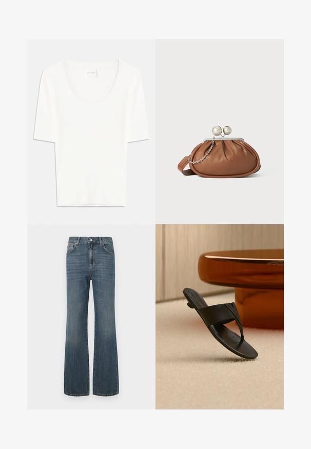 Camiseta blanca de manga corta con cuello redondo. Confeccionada en suave tejido de algodón, presenta un corte relajado y un diseño minimalista.; Jeans de denim azul oscuro con cintura alta, piernas acampanadas y cinco bolsillos. Cuenta con un cierre frontal de botón y cremallera. Textura suave.; Sandalia negra de cuero tipo tanga con tacón bajo flotando sobre una alfombra beige cerca de una mesa redonda marrón en un entorno interior minimalista.; Bolso de mano de cuero marrón con cierre de bola plateada y un pequeño detalle de cadena plateada sobre un fondo blanco.