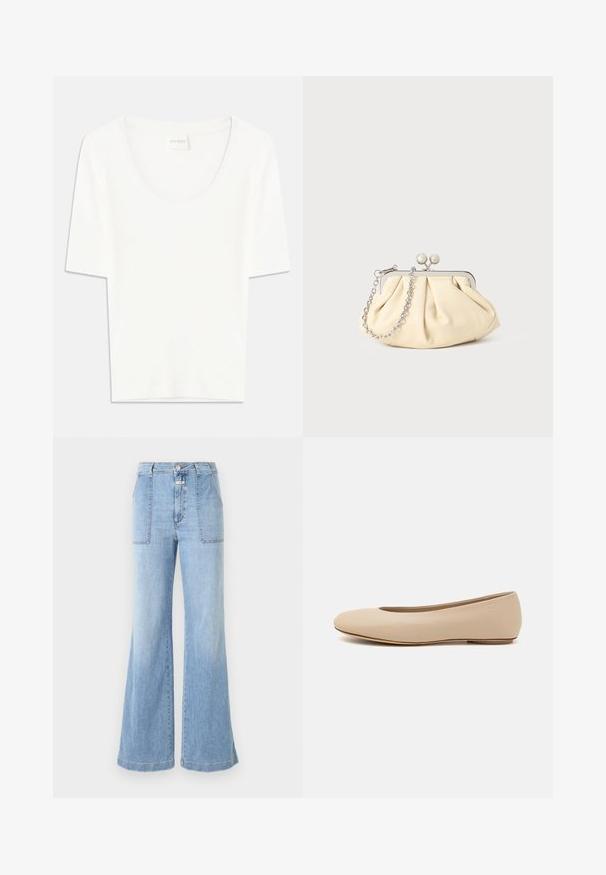 Hvid kortærmet T-shirt med rund halsudskæring. Fremstillet af blødt bomuldsstof, har den en afslappet pasform og minimalistisk design.; CLOSED ARIA - Flared jeans - light blue; Beige læder balletflade med afrundet tå, minimal sømdetaljering, lav hæl og subtilt logo på bagsiden. Glat, mat tekstur.; Plisseret beige læderclutch med en sølvmetalramme, der har to runde dekorative låse og en sølvkædetrasporte.