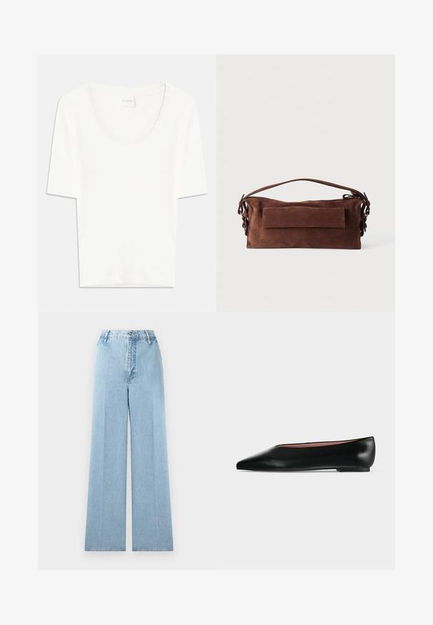 T-shirt blanc à manches courtes avec un col rond. Fabriqué en coton doux, il présente une coupe décontractée et un design minimaliste.; Jeans larges bleu clair en denim avec une taille haute, comprenant cinq passants de ceinture, une fermeture à bouton à l'avant et des coutures cousues.; Chaussure plate en cuir noir pour femme, avec bout pointu et petit talon, vue de côté sur un fond gris clair uni.; Sac à main rectangulaire en daim marron avec une poignée supérieure, une poche avant à rabat et des détails à lacets de chaque côté sur un fond uni.