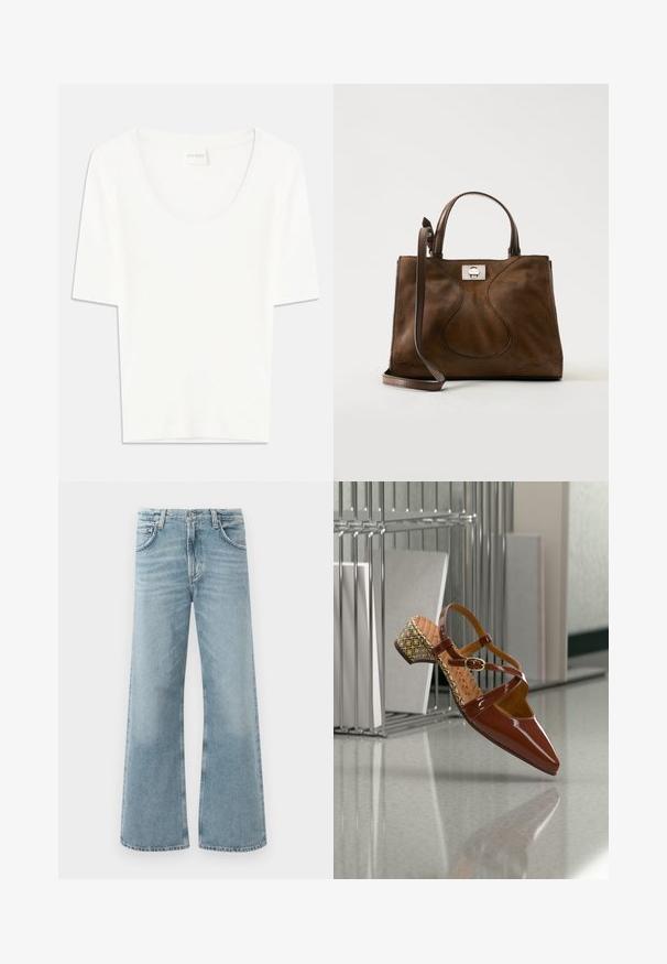 Hvid kortærmet T-shirt med rund halsudskæring. Fremstillet af blødt bomuldsstof, har den en afslappet pasform og minimalistisk design.; Lysblå vid-leg jeans lavet af denim. Har en høj talje, fem lommer og diskret falmning gennem stoffet.; Blank brun laklæders slingback-sko med spids snude, krydsede stropper og en mønstret blokhælk med geometriske accenter.; Brun ruskindshåndtaske med læderhåndtag og justerbar skulderrem, med en sølvfarvet spænde på en ensfarvet hvid baggrund.