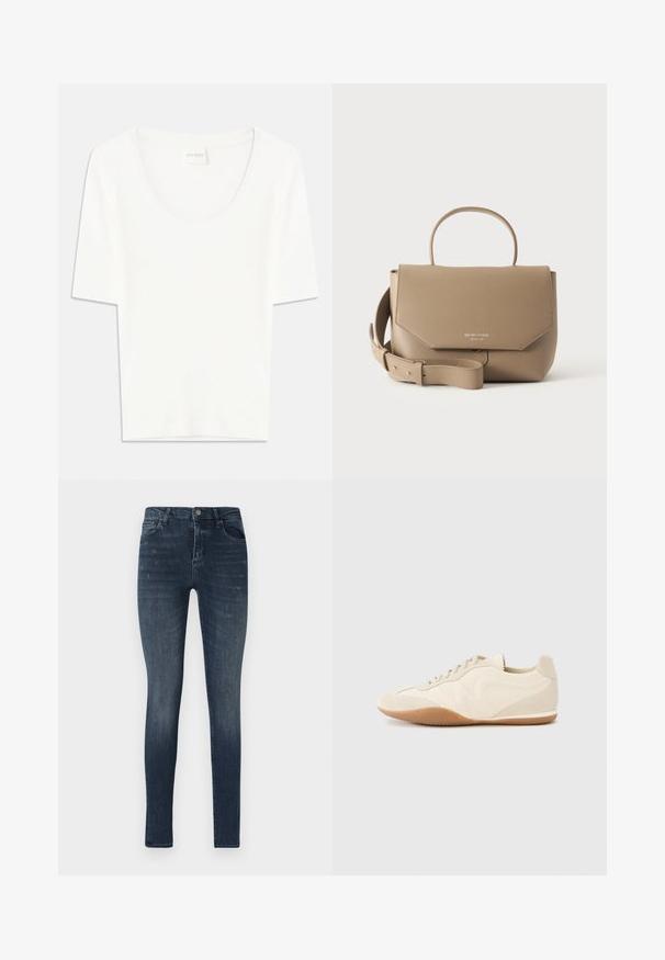 Hvid kortærmet T-shirt med rund halsudskæring. Fremstillet af blødt bomuldsstof, har den en afslappet pasform og minimalistisk design.; Slanke denim jeans i mørkeblå, med fem lomme-design, let slidser og en knaplukning i taljen.; Lyse beige sneakers med en tekstureret læderoverdel, teksturerede sider og en gummisål. Har et slankt, strømlinet design og flade snørebånd.; Beige struktureret håndtaske med topstrop og justerbar skulderrem, præget mærkenavn på frontklappen, tekstureret lædermateriale.