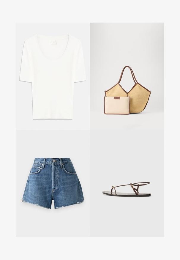 Witte T-shirt met korte mouwen en een ronde hals. Gemaakt van zacht katoen, heeft het een comfortabele pasvorm en een minimalistisch ontwerp.; Lichtblauwe denim shorts met een hoge taille, rafelige zoom, zijzakken en zichtbare stikseldetails. Voorzien van een klassieke knoop- en ritssluiting.; Bruine leren sandaal met dunne banden, een gouden cirkelaccent en een platte zool. Minimalistisch ontwerp met een verstelbare gesp.; Beige geweven draagtasje met bruine biezen en handvatten, vergezeld van een kleinere beige pouch met bruine randen en een ritssluiting.