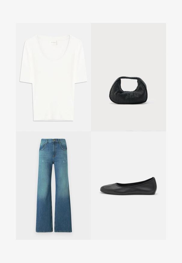 Hvid kortærmet T-shirt med rund halsudskæring. Fremstillet af blødt bomuldsstof, har den en afslappet pasform og minimalistisk design.; Bredde bukser i blå denim med en lysvask gradient, med fem-lomme design, lynlås i taljen og detaljer med messingknap ved taljen.; Sort læderballetsko med rund tå, glat tekstur, minimal syning og et fleksibelt såldesign.; Sort flettet hobo-taske med blød struktur og integreret håndtag, vist på en ensfarvet lys baggrund.