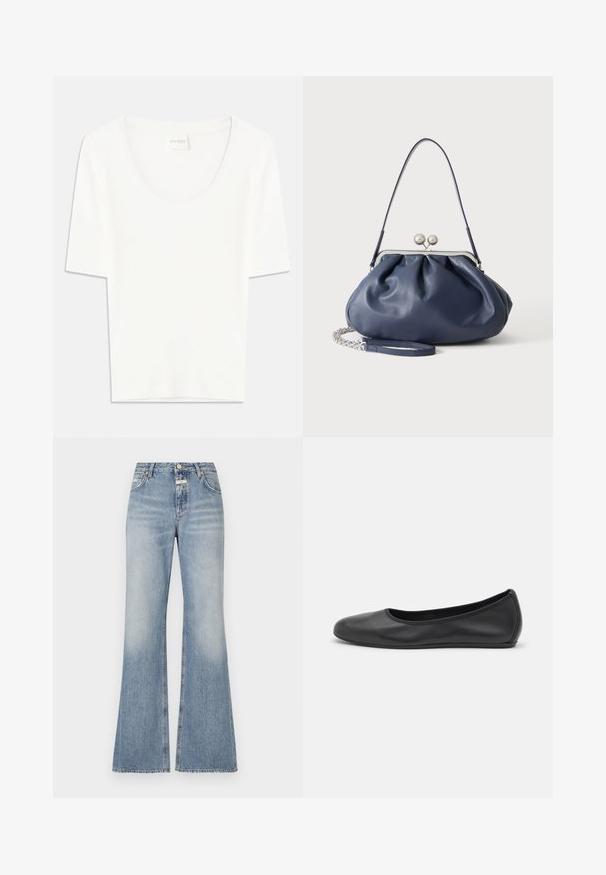 Weißes T-Shirt mit kurzen Ärmeln und rundem Ausschnitt. Hergestellt aus weichem Baumwollstoff, bietet es einen lässigen Schnitt und ein minimalistisches Design.; Hellblaue, ausgestellte Jeans aus Denim-Material mit hohen Taillen, leicht ausgewaschen an der Vorderseite und einem rohen Saum an den Beinen.; Schwarze Leder-Ballettschuhe mit abgerundeter Spitze, glatter Textur, minimalen Nähdetails und einem flexiblen Sohlen-Design.; Weiche navyblaue Ledertasche mit silberner Verschlussklammer, einem einzelnen Schulterriemen und abnehmbarem Ketten-Handgelenksriemen auf weißem Hintergrund.