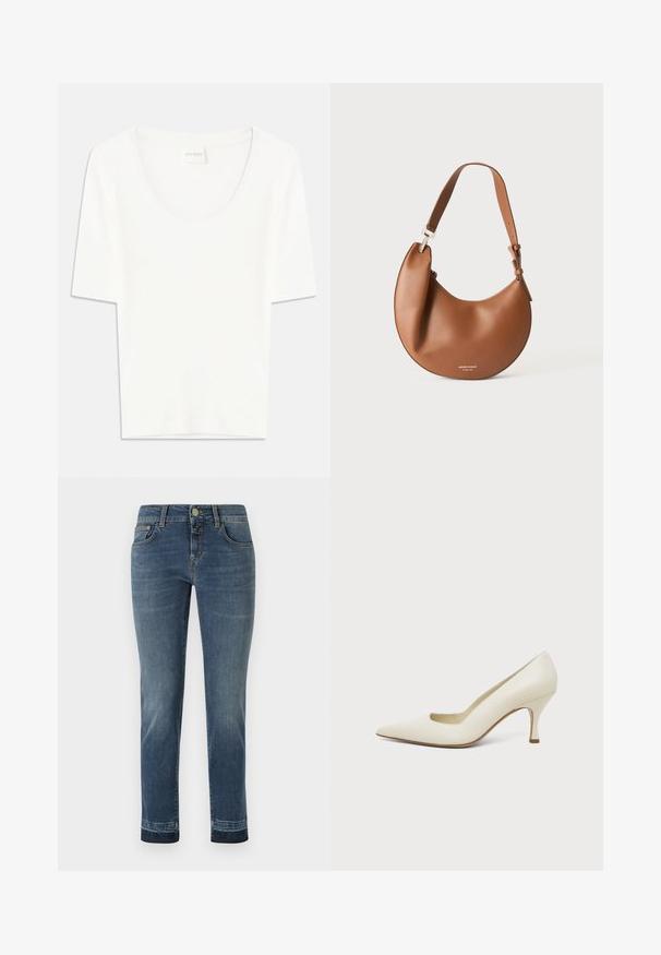 Witte T-shirt met korte mouwen en een ronde hals. Gemaakt van zacht katoen, heeft het een comfortabele pasvorm en een minimalistisch ontwerp.; Donkerblauwe denim jeans met een rechte pijp, voorzien van een klassieke knoopsluiting en vijf zakken. Lichte vervaging op de dijen.; Crèmekleurige leren pumps met spitse neus en een slanke, middenhoge hak op een effen lichte achtergrond.; Bruine leren schoudertas in halvemaanvorm met verstelbare riem en kleine zilveren logotekst onderaan in het midden.