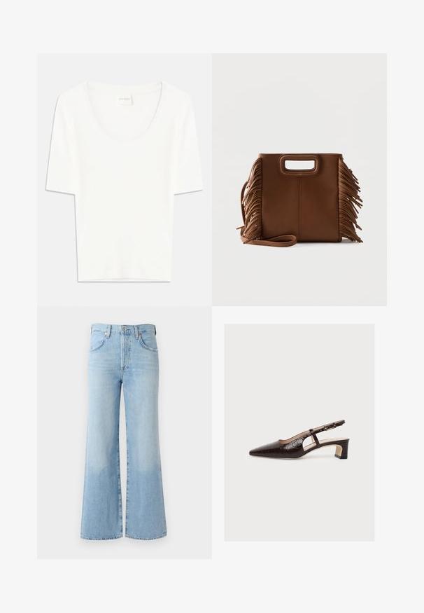 Witte T-shirt met korte mouwen en een ronde hals. Gemaakt van zacht katoen, heeft het een comfortabele pasvorm en een minimalistisch ontwerp.; Lichtblauwe flared jeans van denim met een hoge taille, vijf zakken en subtiele vervaging bij de zoom. Voorzien van een standaard tailleband en knoopsluiting.; Bruine slingback met puntige neus, lage blokhak, krokodillenpatroon, zij-uitsnede en verstelbaar riempje met gesp, getoond op een witte achtergrond.; Bruine leren handtas met rechthoekige uitgesneden handvatten, lange band en franjes aan beide zijden tegen een effen achtergrond.