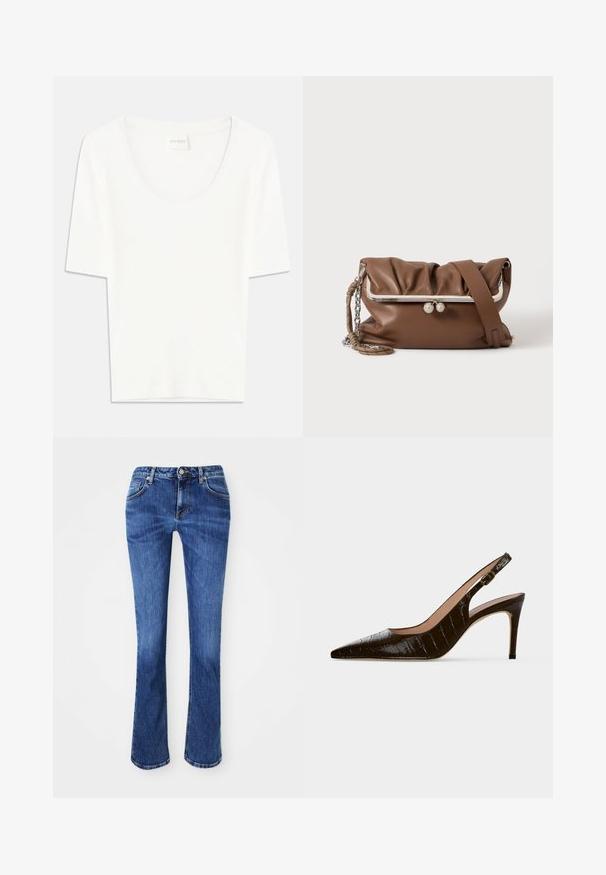 T-shirt blanc à manches courtes avec un col rond. Fabriqué en coton doux, il présente une coupe décontractée et un design minimaliste.; Jean en denim bleu, avec une coupe droite, design à cinq poches, fermeture à bouton en laiton, et un léger délavage pour la texture.; Chaussure slingback à talon haut marron foncé, bout pointu, texture crocodile et petite boucle dorée sur la bride.; Sac à épaule en cuir souple marron avec cadre métallique argenté et fermoir, une sangle réglable et une poignée chaîne tressée sur fond blanc.