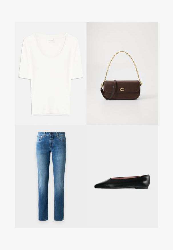 Witte T-shirt met korte mouwen en een ronde hals. Gemaakt van zacht katoen, heeft het een comfortabele pasvorm en een minimalistisch ontwerp.; Blauwe denim jeans met een recht silhouet, voorzien van een knoopsluiting, vijf zakken en subtiele vervagingen. Soepele textuur met oranje stiksels.; Zwarte leren damesschoen met platte zool, puntige neus en lage hak, zijwaarts afgebeeld tegen een effen lichtgrijze achtergrond.; Donkerbruine leren schoudertas met gouden kettingriem, gouden "C" logo op de flap aan de voorkant en een extra donkerbruine leren riem.