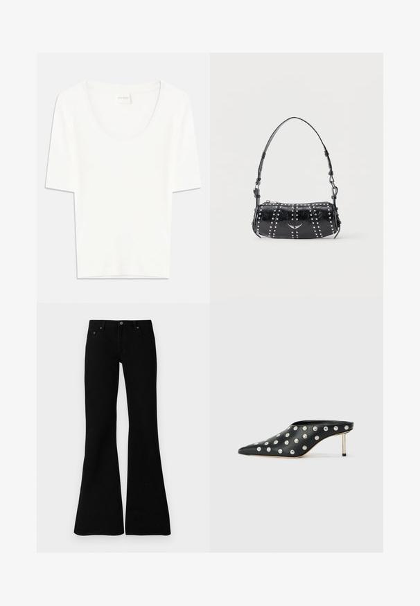 T-shirt blanc à manches courtes avec un col rond. Fabriqué en coton doux, il présente une coupe décontractée et un design minimaliste.; Jean évasés noirs en denim, avec un design classique à cinq poches, fermeture à bouton et détails de couture subtils le long des coutures.; STAND STUDIO KELSEY - Mules à talons - black; Sac d'épaule en cuir verni noir orné de clous argentés disposés en rangées verticales et d'un petit emblème d'oiseau argenté au centre devant.