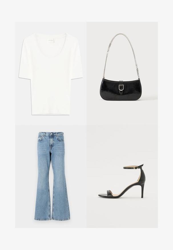 Hvid kortærmet T-shirt med rund halsudskæring. Fremstillet af blødt bomuldsstof, har den en afslappet pasform og minimalistisk design.; Lys blå denim flared jeans med høj talje, featuring knaplukning, fem lommer og en falmet vask med subtile whiskers.; Sort læder højhælede sandaler med ankelrem. Har en glat tekstur, åben tå og en tynd hæl. Guldtonet spænde detalje.; Sort skuldertaske i laklæder med sølv spænde og sølv kæderem, vist mod en ensartet lys baggrund.