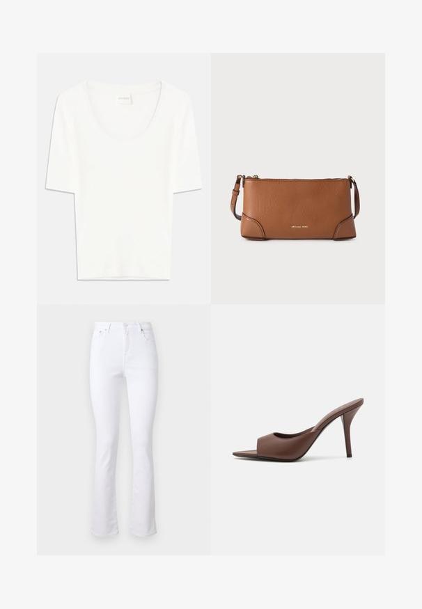 T-shirt blanc à manches courtes avec un col rond. Fabriqué en coton doux, il présente une coupe décontractée et un design minimaliste.; Jeans en denim blanc évasés avec une taille haute, quatre poches et une fermeture à bouton à l'avant. Présente une texture lisse et des ourlets nets.; Mules à talons hauts ouverts en cuir marron avec un design épuré, dotés d'une large sangle avant et d'un talon aiguille élancé.; Pochette en cuir marron à texture granuleuse, avec une fermeture éclair dorée et une bandoulière amovible. Présente un logo discrètement embossé à l'avant.