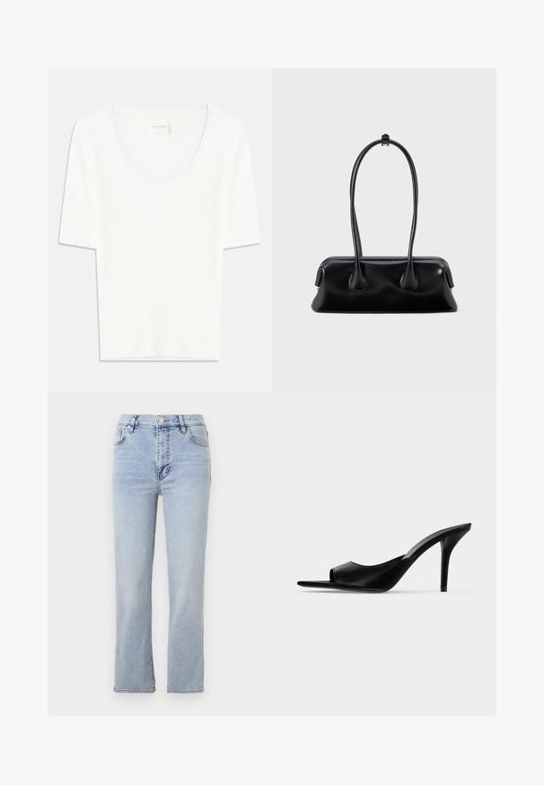 Weißes T-Shirt mit kurzen Ärmeln und rundem Ausschnitt. Hergestellt aus weichem Baumwollstoff, bietet es einen lässigen Schnitt und ein minimalistisches Design.; Hellblaue Jeans aus Denim mit geradem Bein, fünf Taschen, einem Knopf- und Reißverschluss sowie sichtbaren Nahtdetails.; Schwarzer Leder-Pantolette mit offenem Zehenbereich und hohem, schlankem Stiletto-Absatz, im Seitenprofil vor neutralem Hintergrund gezeigt.; Schwarze Lederhandtasche mit zwei langen Griffen, glatter Textur und einer abgerundeten Basis mit dekorativen Akzenten an den Seiten.