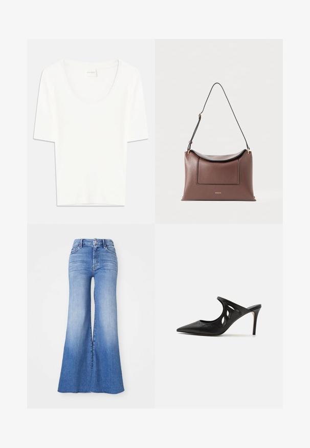 Hvid kortærmet T-shirt med rund halsudskæring. Fremstillet af blødt bomuldsstof, har den en afslappet pasform og minimalistisk design.; Bukser i flared denim i lys blå vask, med høj talje, karakteristiske brede ben og en let falmning mod kanten. Knap- og lynlås-lukning.; Sorte læder højhælede mules med spids tå, udskåret sideskærm og glat tekstur. Stiletthæl og subtil syning.; Brun tekstureret læder håndtaske med en buet klap, vandret form, sorte accenter og en lang skulderreim fastgjort med guldfarvet hardware.