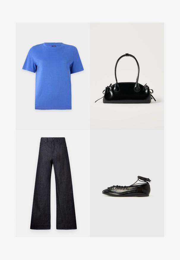 Einfarbig blaues T-Shirt mit kurzen Ärmeln und Rundhalsausschnitt auf einfachem hellgrauem Hintergrund dargestellt.; Weite dunkelblaue Jeans mit glatter Textur, traditionellem Fünf-Taschen-Design und einem dezenten Glanz, ausgestattet mit einem Knopfverschluss.; Schwarze Ballerinas aus Lackleder mit runder Spitze, Schnürdesign und flacher Sohle. Glatte Textur mit minimaler Verzierung.; Kleine schwarze glänzende Handtasche mit zwei langen Griffen und seitlichen Kordelzug-Details vor einfachem hellem Hintergrund.