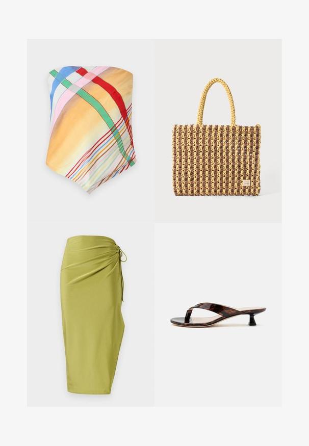 Mitmevärviline sall, millel on ruudulised mustrid kollases, sinises, roosas, punases ja rohelises. Valmistatud kergest, sileda kangast, millel on pehme tekstuur.; Knee-length wrap seelik heledas oliivrohelises toonis, valmistatud siledast kangast, külgedel rütmimisega ja vöökohtade sidumisdetailiga.; Pruun kilpkonnamustriga kitsakas kontsaga sandaal, millel on rihm sõrmede vahel ja ruudukujuline nina, helel ühevärvilisel taustal.; Kootud kott pruunis ja kollases, millel on ristkülikukujuline kuju, kaks käepidet ja tekstureeritud viimistlus koos nähtava õmblusega ning brändi sildiga.