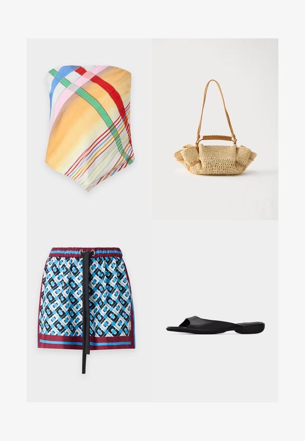 Mønstret multicolor tørklæde med tern i gul, blå, pink, rød og grøn. Fremstillet af let, glat stof med en blød tekstur.; Kort nederdel med et blåt og sort geometrisk mønster, elastisk talje med snor, og burgunderfarvet kant forneden.; Sort åben tå-slide sandal med tekstureret sål og minimalistisk design, set fra siden på en ensartet lys grå baggrund.; Vævet beige håndtaske med en lang tynd strop og opsamlede sider, med et kort håndtag indpakket i læder til forskellige bære muligheder.