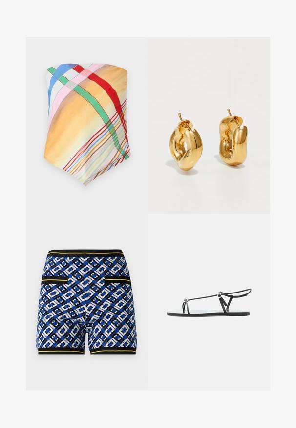 Écharpe multicolore avec des motifs à carreaux en jaune, bleu, rose, rouge et vert. Confectionnée en tissu léger et lisse avec une texture douce.; Shorts en tricot à motifs présentant un design géométrique bleu, noir et blanc, avec des accents jaunes contrastés et des poches sur les côtés.; Sandale plate noire avec fines lanières, une boucle pour les orteils et une boucle de cheville ajustable sur un fond gris clair.; Boucles d'oreilles créoles en or massif avec un design tubulaire légèrement tordu et des fermoirs à tige sur un fond blanc.
