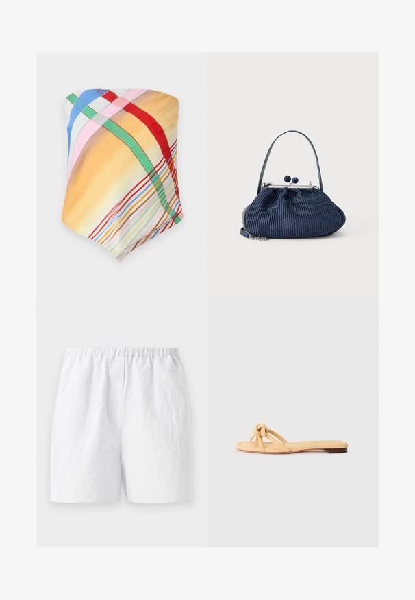 Mønstret multicolor tørklæde med tern i gul, blå, pink, rød og grøn. Fremstillet af let, glat stof med en blød tekstur.; Hvide shorts med elastisk talje, fremstillet i et tekstureret stof med en afslappet pasform. Enkel design, ingen mønstre eller udsmykninger.; Gul vævet flad sandal med to krydsede stropper, en knyttet detalje fortil og en lav, brun sål.; Håndtaske i marineblåt vævet stof med rund lukning, kort håndtag og detaljer i sølvkæde mod en ensfarvet lys baggrund.