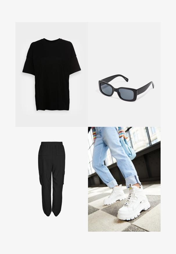 Sort T-shirt lavet af blødt bomuld, med en afslappet pasform, korte ærmer og rund halsudskæring. Minimalistisk design uden synlig branding.; Sorte cargo bukser med en afslappet pasform, der har en elastisk talje, to sidelommer og to baglommer. Letvægtigt stof med en glat tekstur.; Hvide klodsede sneakers med tykke såler, snørebånd foran og mærkeflag. Båret med lyseblå jeans med opsmøg på et mønstret gulv.; Sorte rektangulære solbriller med mørkt tonede linser, tyk plastramme og brede stænger. Glat overflade og kantet design.