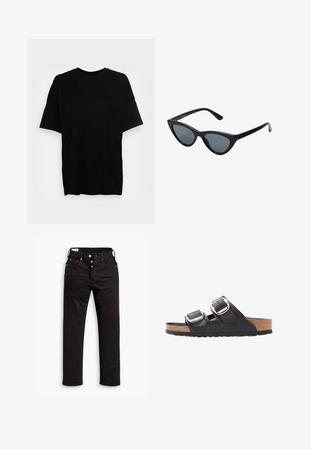 Sort T-shirt lavet af blødt bomuld, med en afslappet pasform, korte ærmer og rund halsudskæring. Minimalistisk design uden synlig branding.; Sorte lige jeans med knaplukning, front- og baglommer samt kobbernitte detaljer på en hvid baggrund.; Sort sandal med to justerbare remme, sølvspænder og en korksål på en struktureret sort gummisål.; Sorte katteøje solbriller med mørkegrå linser, slankt plastisk stel, spidse hjørner og lige stænger. Ingen synlig hardware eller dekorationer.
