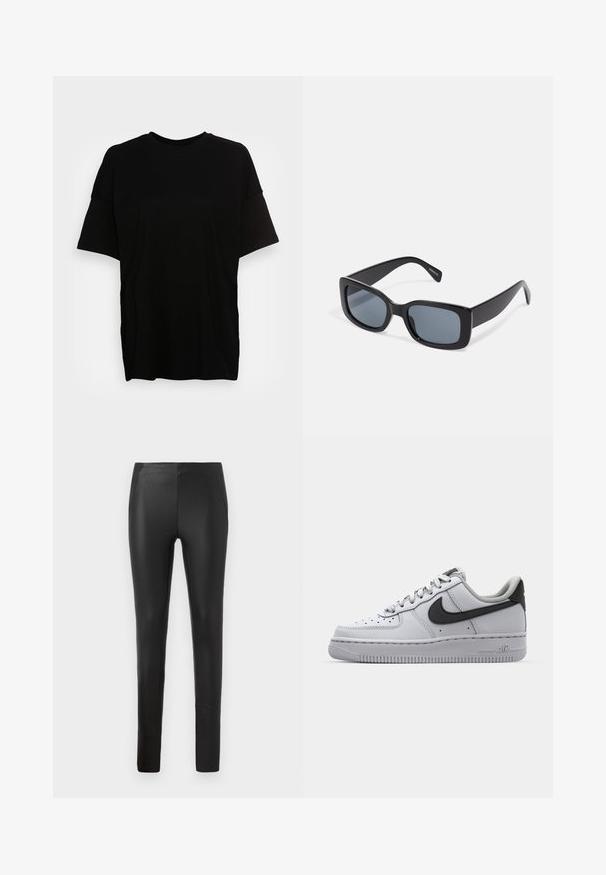 Sort T-shirt lavet af blødt bomuld, med en afslappet pasform, korte ærmer og rund halsudskæring. Minimalistisk design uden synlig branding.; Strækbare sorte kunstlæderbukser med en tætsiddende pasform, sidelommer og en glat tekstur, designet til en strømlinet silhuet.; Hvide lædersko med grå accenter, rund tå, tekstureret overflade, polstret krave og kontrasterende sort swoosh-logo. Luftdæmpende sål.; Sorte rektangulære solbriller med mørkt tonede linser, tyk plastramme og brede stænger. Glat overflade og kantet design.