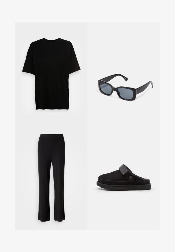 Zwarte T-shirt van zacht katoen, met een relaxed fit, korte mouwen en een ronde halslijn. Minimalistisch ontwerp zonder zichtbare branding.; Zwarte geribde broek met wijd uitlopende pijpen en een soepele, elastische tailleband. De stof is zacht en rekbaar, wat zorgt voor comfort.; Zwarte suède instap klompen met een ronde neuzen, zachte textuur, verstelbare band en een dikke rubberen zool met een patroonprofiel voor grip.; Zwarte rechthoekige zonnebril met donkere getinte lenzen, een dik plastic montuur en brede scharnieren. Glad oppervlak en hoekig ontwerp.