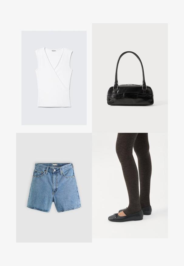 Hvid ærmeløs top med en omslag design, lavet af glat stof, med en dyb V-halsudskæring og en tætsiddende silhuet.; Lyseblå cowboyshorts med forreste knap og lynlås, bæltestropper og fem-lommer design mod en ensfarvet baggrund.; Ben iført mørke ribbede leggings kombineret med sorte balletsko med små sløjfedetaljer på hvid baggrund.; Sort læderhåndtaske med rektangulær form, der har et enkelt struktureret håndtag, sølvhardware og lynlås-lukning. Glat tekstur.