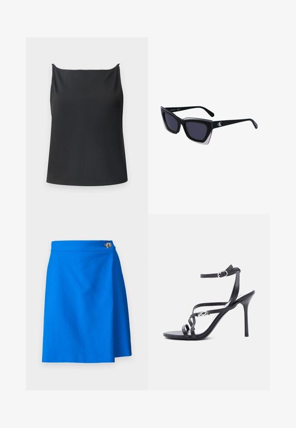 Mustem riba struktuuriga tank top otsese dekoltee, õhukeste rihmade ja vabalt langeva lõikega. Ilma nähtava riistvara või mustriteta.; Sinine mähisseelik sujuva tekstuuriga, millel on hõbedane nööbikas selle vöökoht, lõigatud A-kujulisse vormi, et saavutada sobiv välimus.; Mustad kõrge kontsaga sandaal õhukeste rihmadega, pahkluu pannal ja metallist logoga detailiga küljerihmal, valge tausta ees.; Mustad suured mustad prillid geomeetrilise kujuga, tumedate läätsedega ja kontrastse halli detailiga raamidel. Logo käe peal.