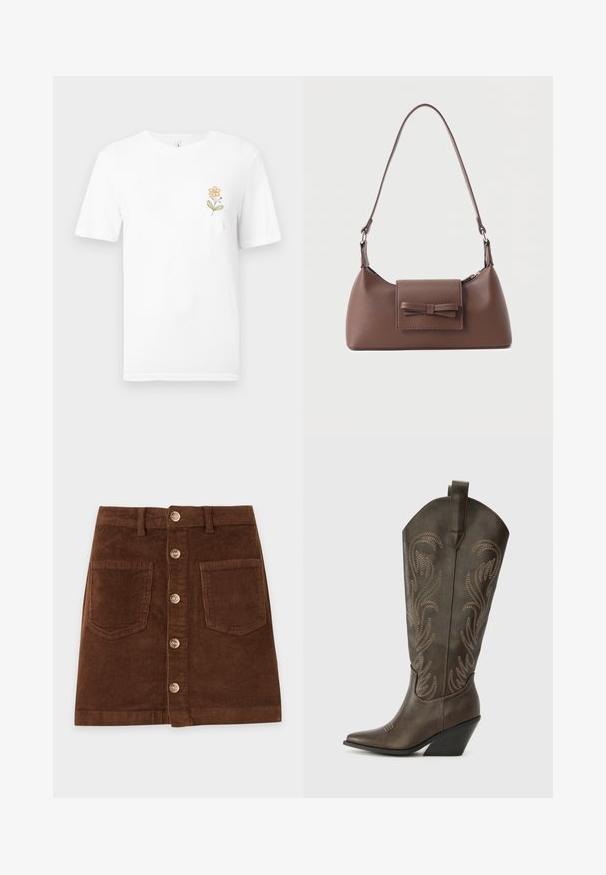 Hvid t-shirt med korte ærmer og et lille orange blomstermotiv med grønne blade trykt på venstre brystområde.; Brun kordsnørreskørt med knaplukning foran, to forlommer og bærestropper til bælte.; Brune læder cowboystøvle med spids tå, kilehæl og dekorativ broderi. Har en høj stok og en trækflap.; Brun skuldertaske i læder med en frontlomme med klap, der har en sydd sløjfedetalje, og en justerbar rem.