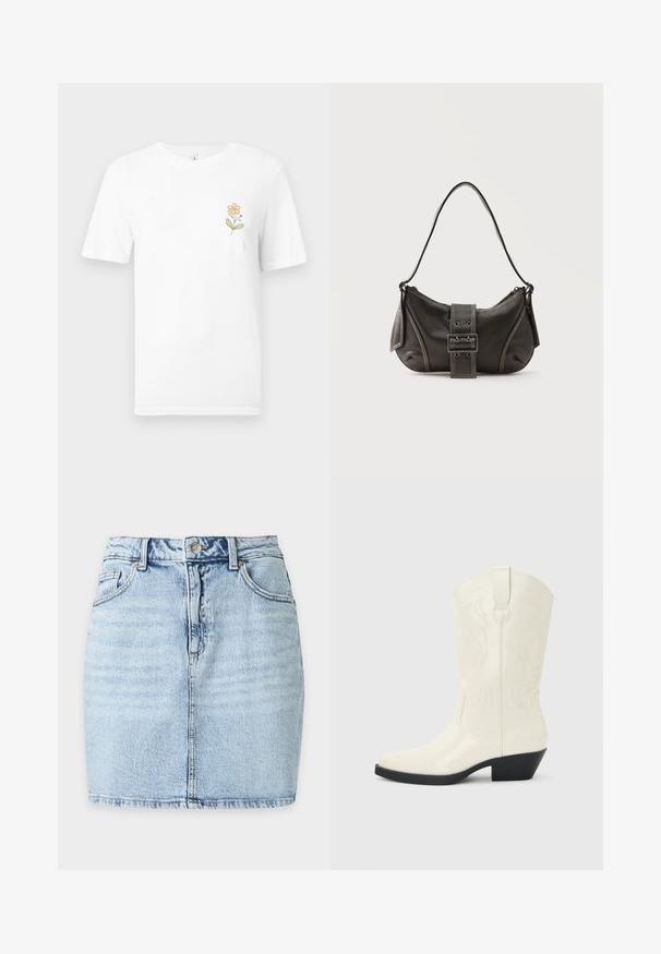 Camiseta blanca de manga corta con una pequeña flor naranja y hojas verdes impresas en la zona del pecho izquierdo.; Minifalda vaquera azul claro con botón delantero, trabillas, dos bolsillos frontales y costura vertical visible en el centro.; Bota blanca de estilo occidental hasta la mitad de la pantorrilla, con punta puntiaguda, tacón apilado negro, costuras decorativas y tira para tirar en el eje.; Bolso de hombro de cuero negro con detalle de correa con hebilla, bordes curvos y costuras blancas en contraste sobre un fondo liso.