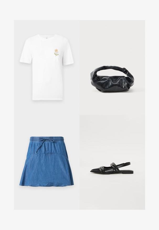 T-shirt blanc à manches courtes avec une petite fleur orange et des feuilles vertes imprimées sur le côté gauche de la poitrine.; Jupe en jean bleu avec taille élastique et cordon de serrage, forme trapèze, et détails de coutures visibles sur un fond uni.; Even&Odd Ballerines à brides arrière - black; Sac noir en matériau texturé et brillant avec une poignée circulaire torsadée et une fermeture éclair. Présente un design doux et froissé.