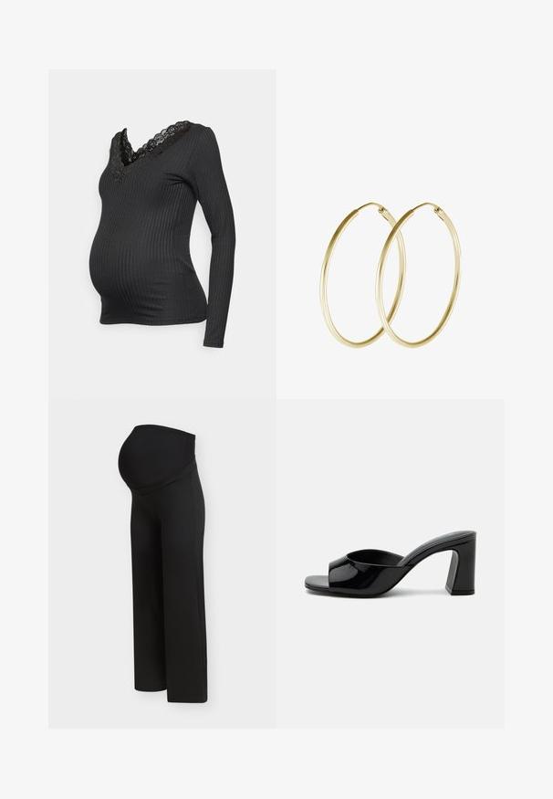 MAMALICIOUS Maternity- - Langærmet T-shirt - black; Sorte graviditetsbukser med en høj, strækbar linning, designet til at støtte en gravid mave, vist på en ensartet lys baggrund.; Sort laklæder mule med åben tå, bred rem og chunky mellemhøj blokhæl på hvid baggrund.; Guld hoops øreringe med et glat, rundt design og en blank finish. Letvægts konstruktion med en sikker låsemekanisme.