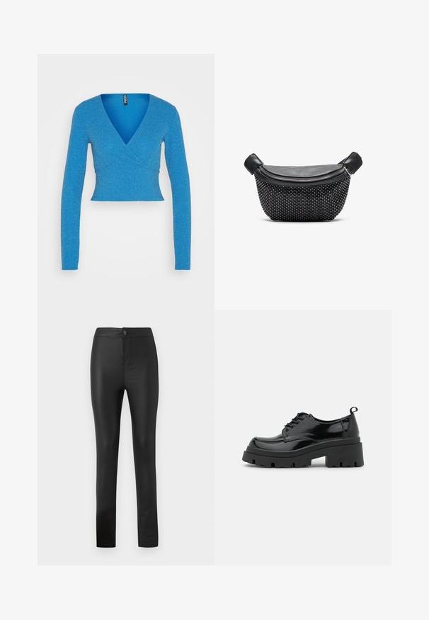 Pieces PCLINA CROPPED V NECK - Μπλούζα με μακριά μανίκια - french blue; Μαύρες κολάν φτιαγμένες από ελαστικό, λείο υλικό με εφαρμοστό σχέδιο, διαθέτοντας κούμπωμα και φερμουάρ μπροστά, και ίσια πόδια.; Μαύρα παπούτσια από πατέντα δέρμα με χοντρή σόλα πλατφόρμας και παχιά κορδόνια. Στρογγυλή μύτη, ελάχιστες λεπτομέρειες και μια μικρή θηλιά στο πίσω μέρος.; Μαύρη τσάντα χειρός με λείο δερμάτινο πάνω μέρος και υφή στη βάση καλυμμένη με ασημί καρφιά, με κλείσιμο φερμουάρ και διπλές λαβές.