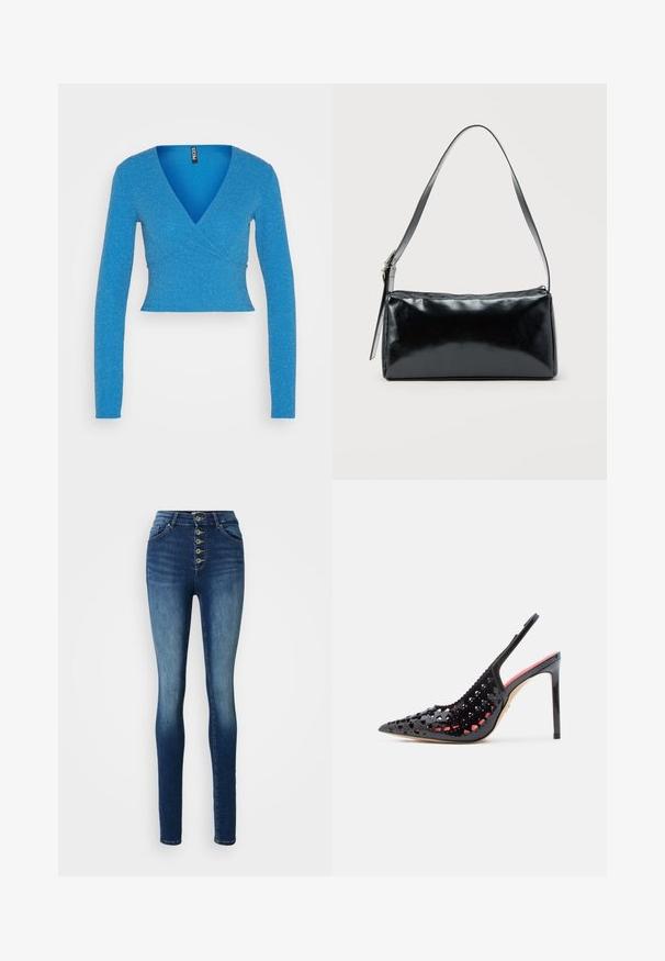 Pieces PCLINA CROPPED V NECK - Top s dlhým rukávom - french blue; Džínsy s vysokým pásom, tmavo modré s hladkým povrchom, s predným zapínaním na päť gombíkov a slim fit. Klasický dizajn s piatimi vreckami.; Čierna lodička na vysokom podpätku z patentovej kože s výstrihom, špicatou špičkou a otvorenou pätou. Vnútri kontrastná červená farba.; Čierna obdĺžniková kabelka na rameno s jedným nastaviteľným remienkom a horným zipsom na jednofarebnom pozadí.