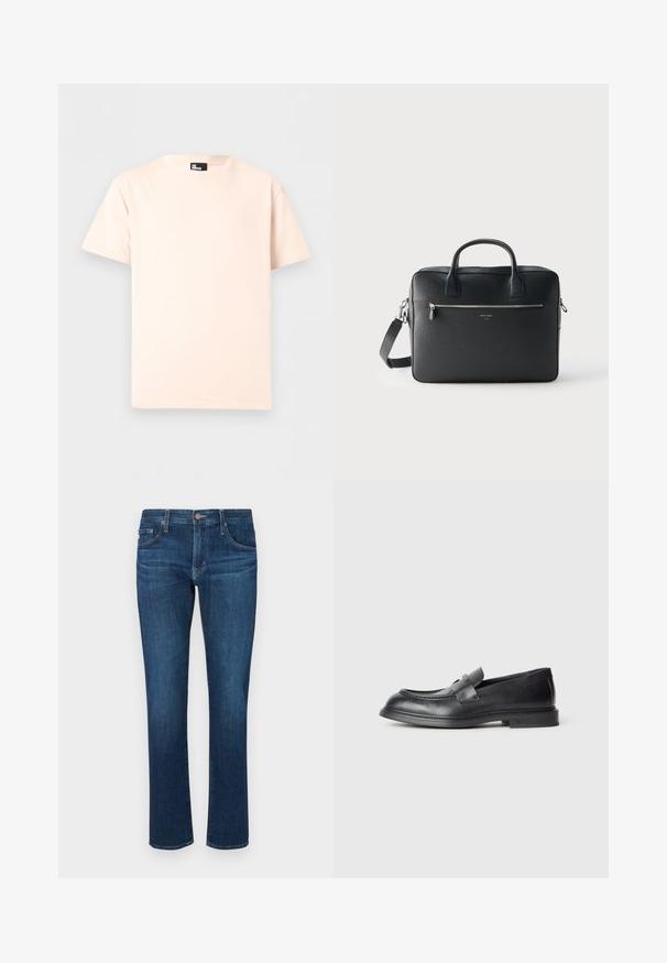 Hellrosa T-Shirt mit kurzen Ärmeln und Rundhalsausschnitt mit dezent weiß gesticktem Logo in der Mitte der Brust.; Dunkelblaue Jeans aus Denim mit geradem Bein, klassischem Fünf-Taschen-Stil und einem Knopfverschluss am Bund. Glatte Textur.; Schwarze Lederloafer mit strukturierter Oberfläche, versehen mit einem dekorativen Frontriemen und einer abgerundeten Spitze. Gummisohle für Langlebigkeit.; Schwarze rechteckige Lederaktentasche mit zwei Griffen, frontaler Reißverschlusstasche und abnehmbarem Schulterriemen vor schlichtem hellem Hintergrund.