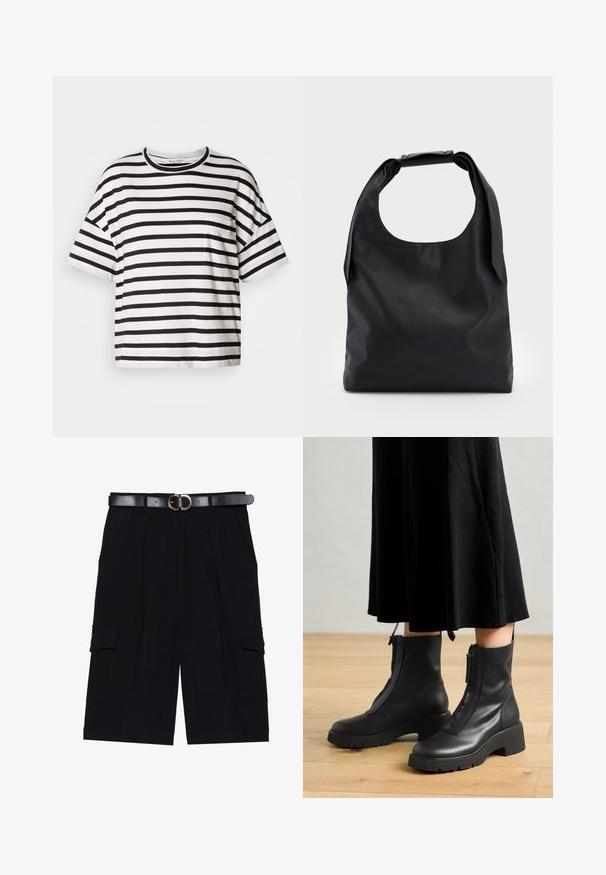 Camiseta de rayas blancas y negras, de mangas cortas, con cuello redondo, que presenta un pequeño bolsillo en el lado izquierdo, hecha de suave tela de algodón.; Pantalones cortos cargo negros hechos de una tela ligera, con un corte recto, bolsillos laterales y un cinturón de cuero marrón con una hebilla de plata.; Botas de tobillo de cuero negro con suela de plataforma gruesa y cremallera delantera. Textura suave con un diseño minimalista.; Bolso de mano de cuero negro con una gran abertura superior y una sola correa para el hombro. Textura suave, diseño minimalista, con detalles sutiles de herrajes.