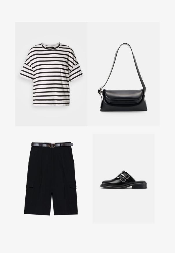 Camiseta de rayas blancas y negras, de mangas cortas, con cuello redondo, que presenta un pequeño bolsillo en el lado izquierdo, hecha de suave tela de algodón.; Pantalones cortos cargo negros hechos de una tela ligera, con un corte recto, bolsillos laterales y un cinturón de cuero marrón con una hebilla de plata.; Zapato negro de cuero sin cordones con dos hebillas plateadas, lados abiertos, puntera redonda y tacón bajo apilado, mostrado de perfil sobre fondo blanco.; Bolso de piel negra con una forma estructurada, una textura suave y una sola correa para el hombro. Presenta un diseño de tapa sutil y redondeado.