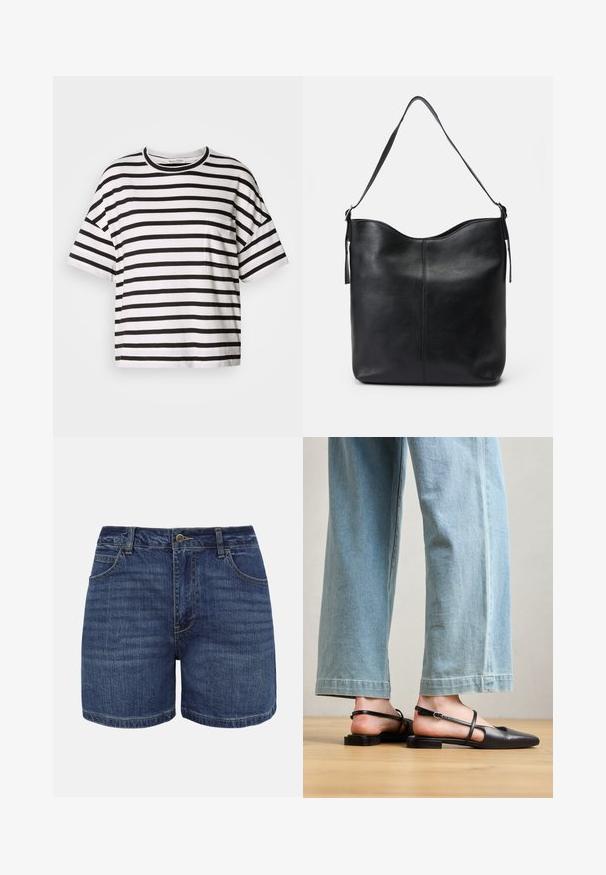 T-shirt rayé noir et blanc, manches courtes, encolure ronde, avec une petite poche sur le côté gauche, fabriqué en tissu de coton doux.; Shorts en denim bleu foncé avec bouton frontal, fermeture éclair, passants pour ceinture et poches avant, présentés sur un fond blanc.; Chaussures slingback en cuir noir avec un bout pointu, un talon plat et une bride à la cheville ; portées avec un jean large bleu clair.; Sac à bandoulière en cuir noir avec une texture lisse, un dessus arrondi, une seule sangle et un design minimaliste sans matériel visible.